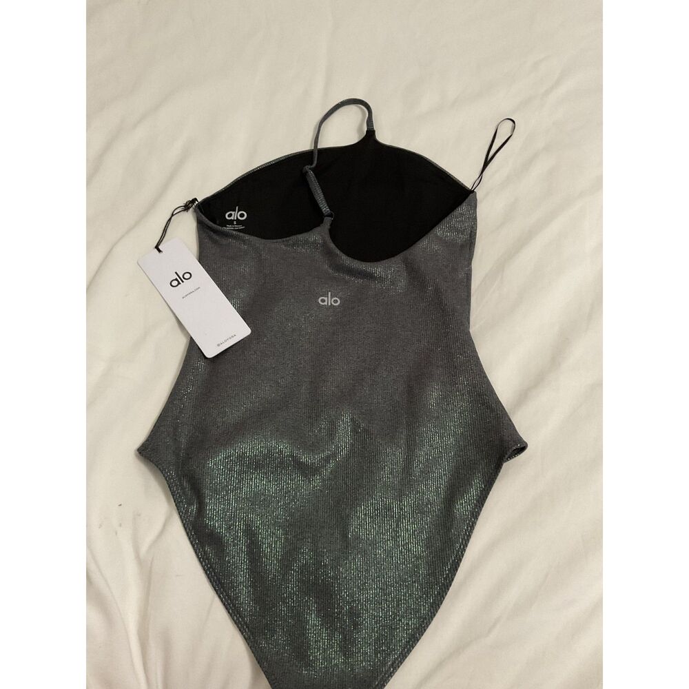 Alo Yoga Alosoft Ribbed Shimmer Bodysuit Dark Grey Iridescent Size S NWT - Picture 5 of 8